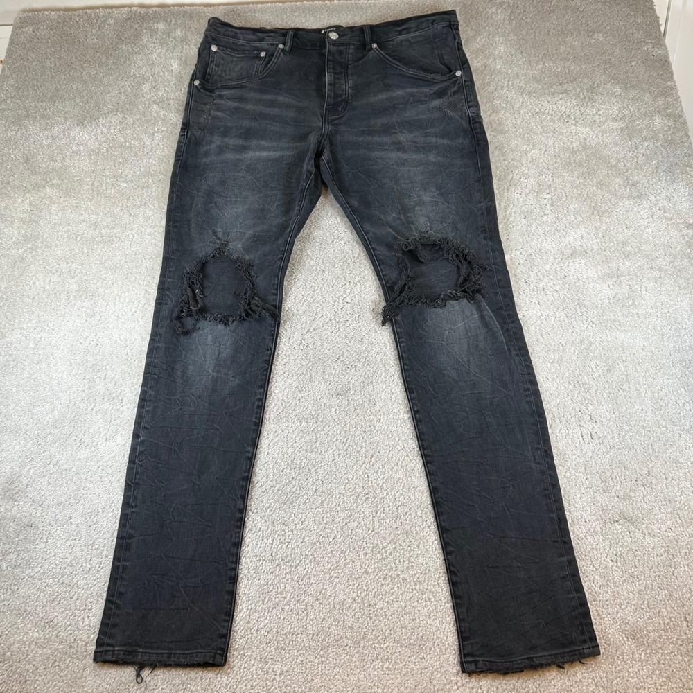 Purple Brand P002‎ Slim Jeans Mens 36x34 Black Distressed Ripped Knee Faded Wash